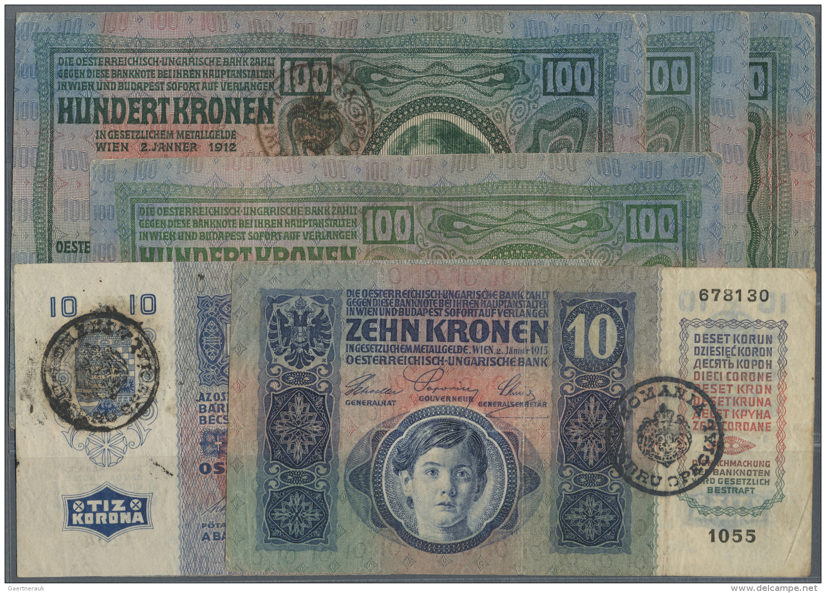 Romania / Rum&auml;nien: Bukovina Siebenb&uuml;rgen, Banat Set With 6 Banknotes Containing 10 Korona With Handstamp On T - Roumanie