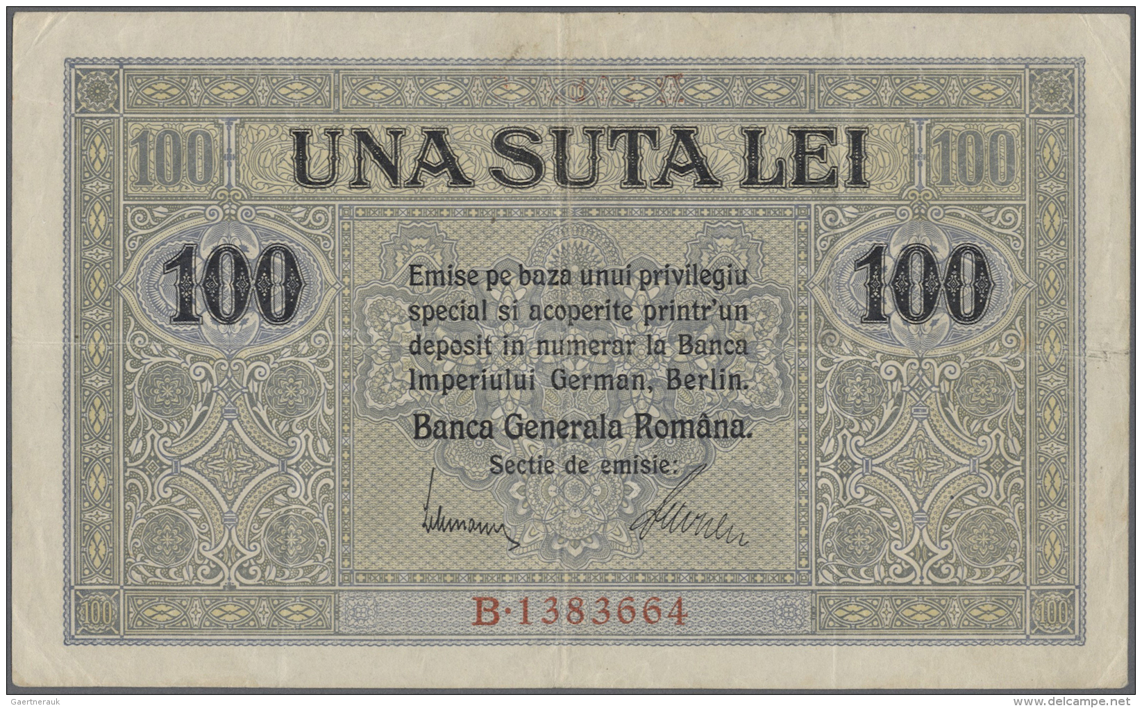 Romania / Rum&auml;nien: 100 Lei ND(1917) P. M7, Used With Vertical And Horizontal Folds, Corner Folding, No Holes Or Te - Romania