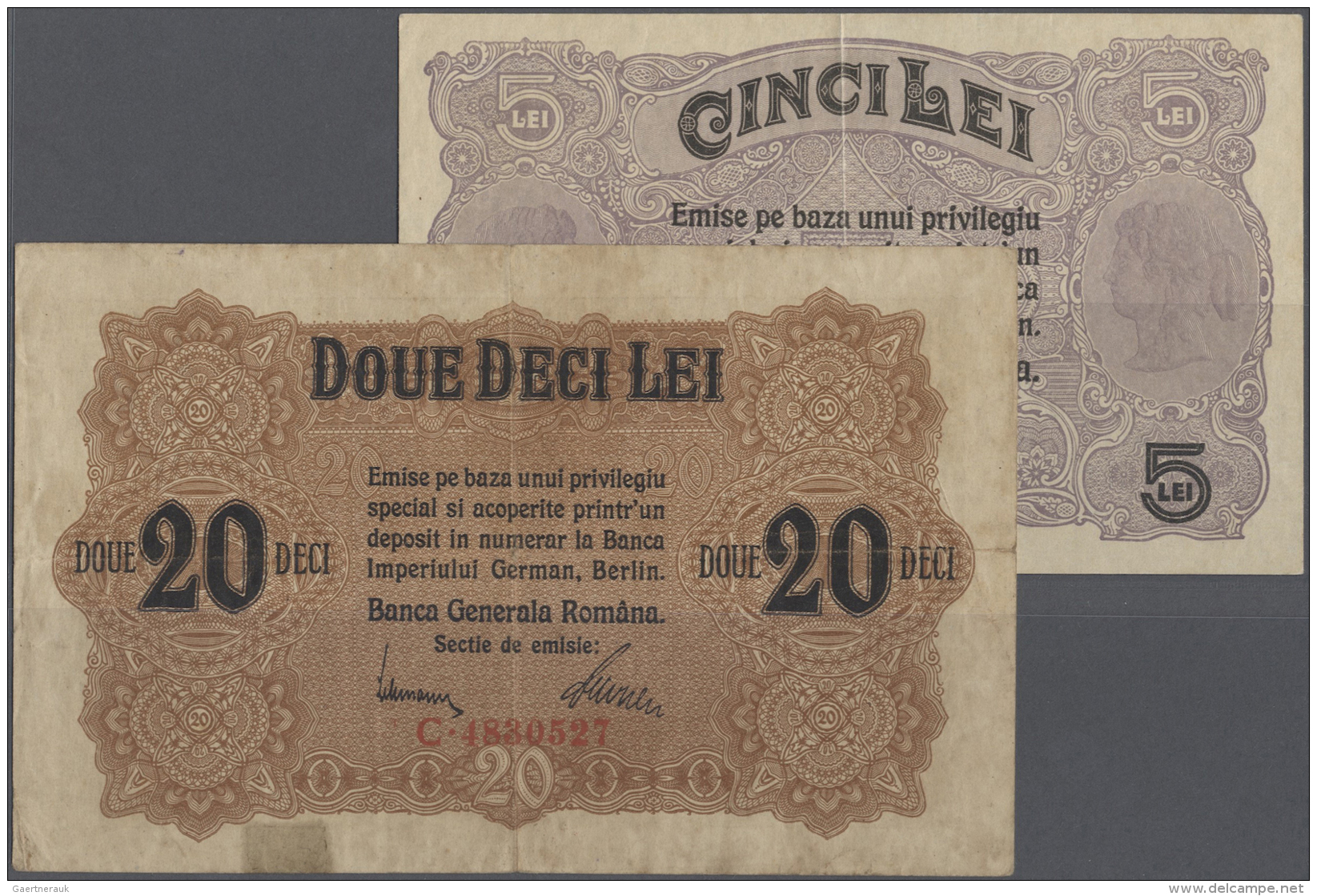 Romania / Rum&auml;nien: Set Of 2 Notes Containing 5 Lei ND(1917) P. M5 In VF And 20 Lei ND(1917) P. M6 In F To F-. Nice - Romania
