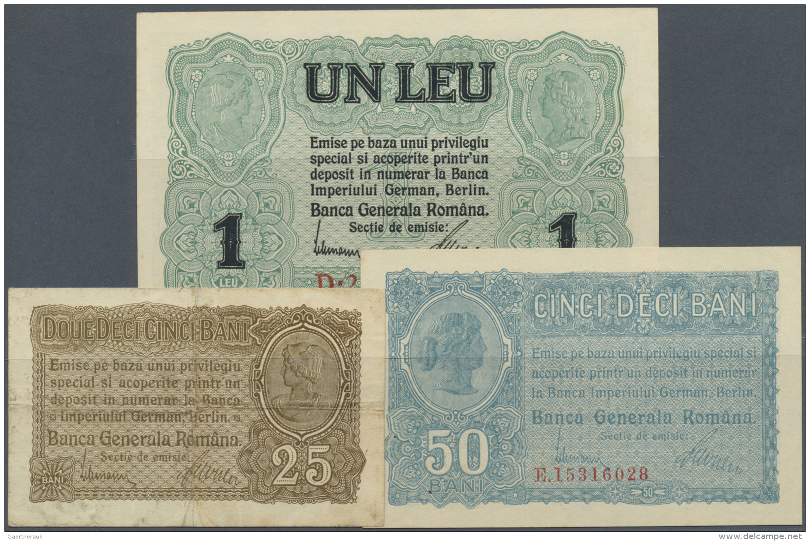 Romania / Rum&auml;nien: Set Of 3 Notes Containing 25, 50 Bani And 1 Lei ND(1917) P. M1-M3, The 25 In Condition F, The 5 - Romania