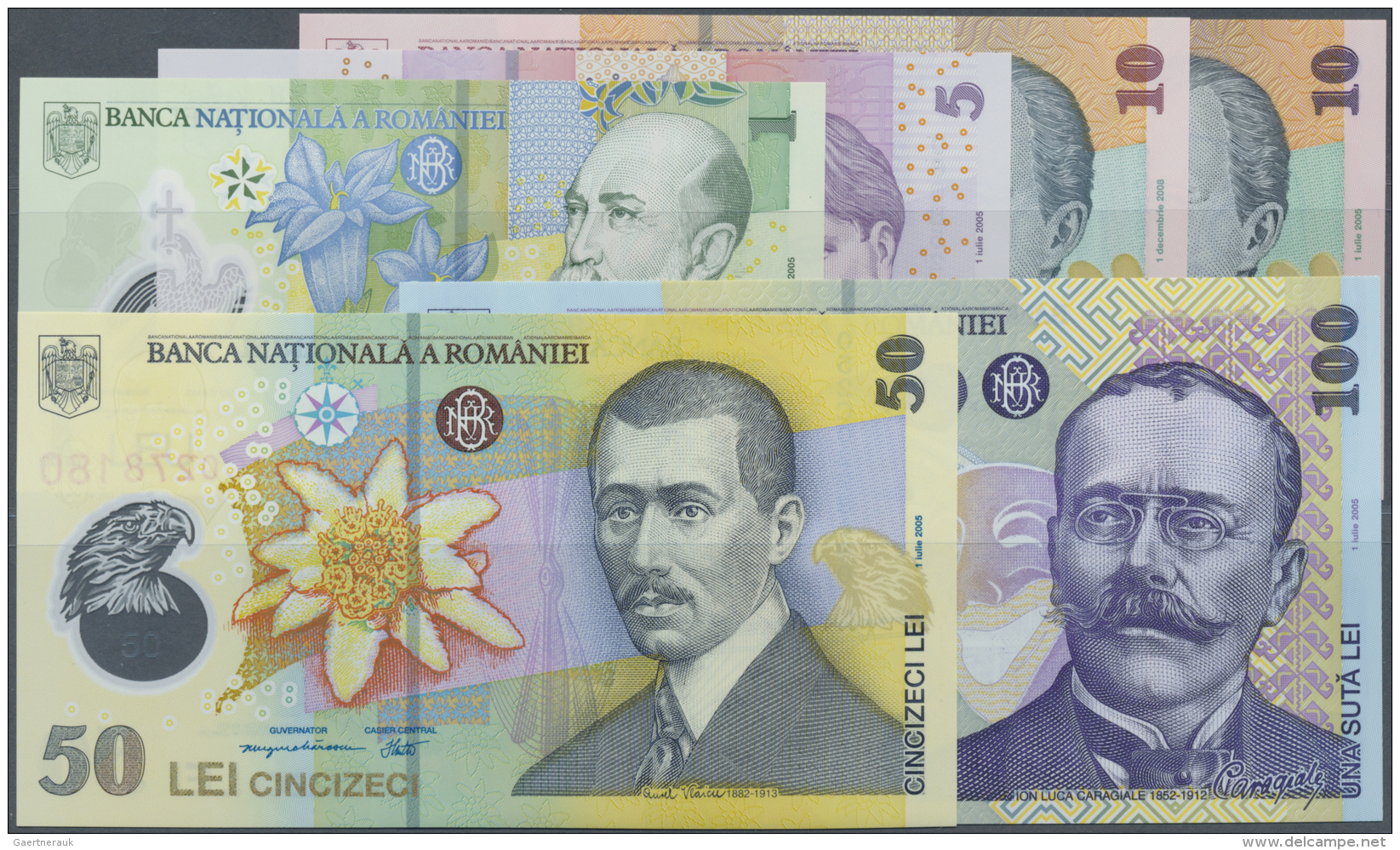 Romania / Rum&auml;nien: Set Of 6 Notes Containing 1, 5, 2x10, 50 And 100 Lei 2005/06/08 P. 117a-119a,b,120,121, All In - Romania