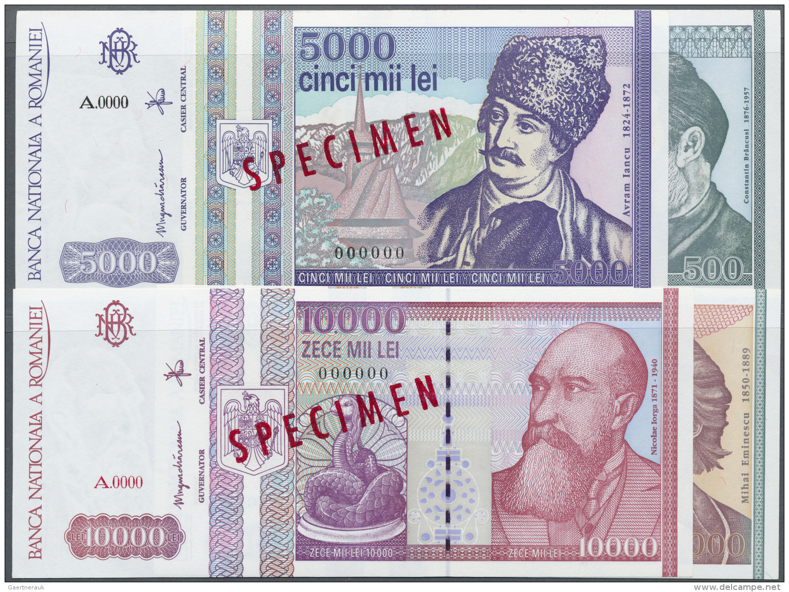 Romania / Rum&auml;nien: Set With 4 SPECIMEN Notes 1992-1994 Comprising 500, 1000, 5000 And 10.000 Lei Specimen, P.101as - Roumanie