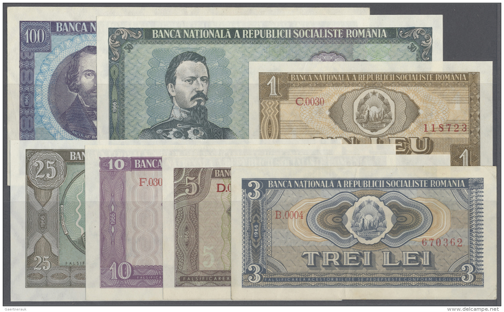 Romania / Rum&auml;nien: Set Of 7 Different Notes Containing 1, 3, 5, 10, 25, 50 And 100 Lei 1966 P. 91a-97a, The 3 And - Romania