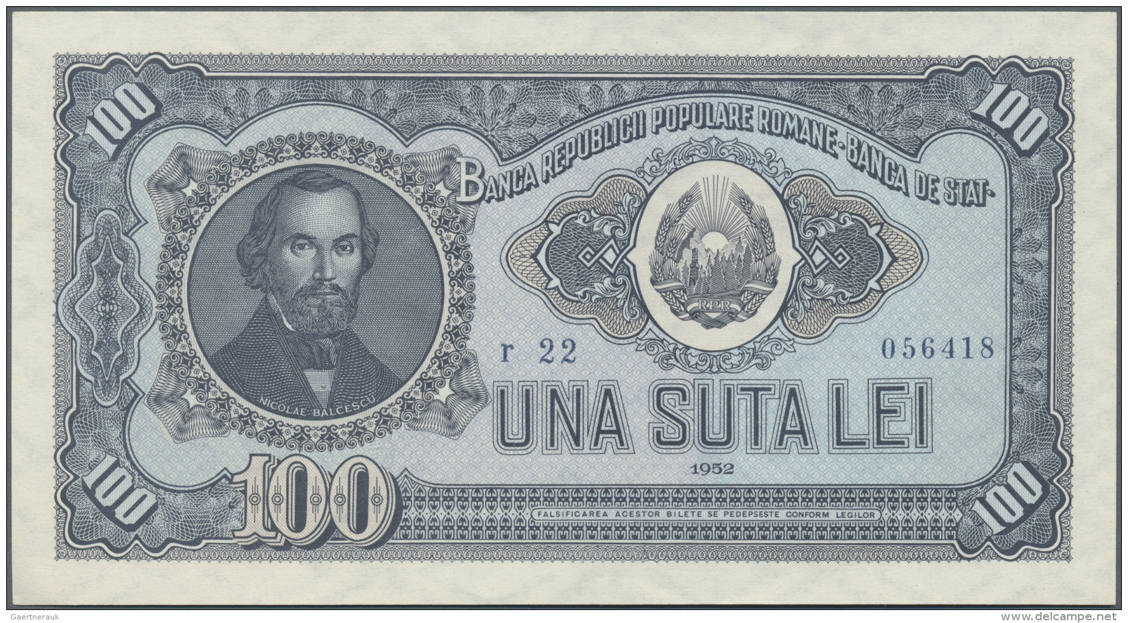 Romania / Rum&auml;nien: 100 Lei 1952 P. 90b In Condition: UNC. - Roumanie