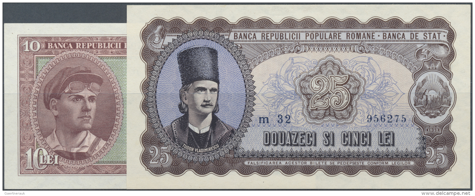 Romania / Rum&auml;nien: Set Of 2 Notes Containing 10 And 25 Lei 1952 P. 88b, 89b In Condition: UNC. (2 Pcs) - Romania