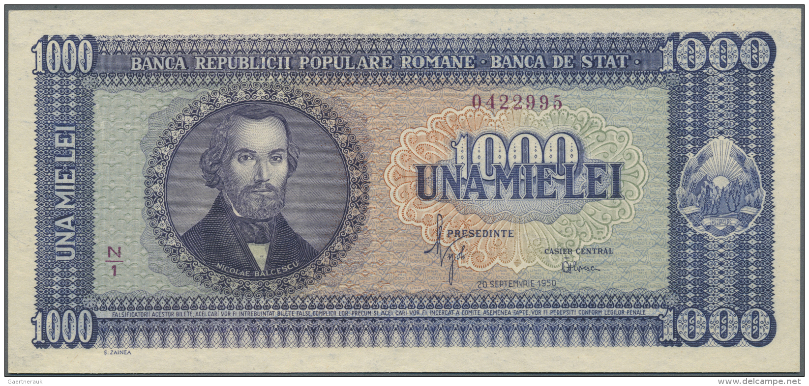 Romania / Rum&auml;nien: 1000 Lei 1950 P. 87 (one Vertical Bend) In Condition: XF+. - Romania