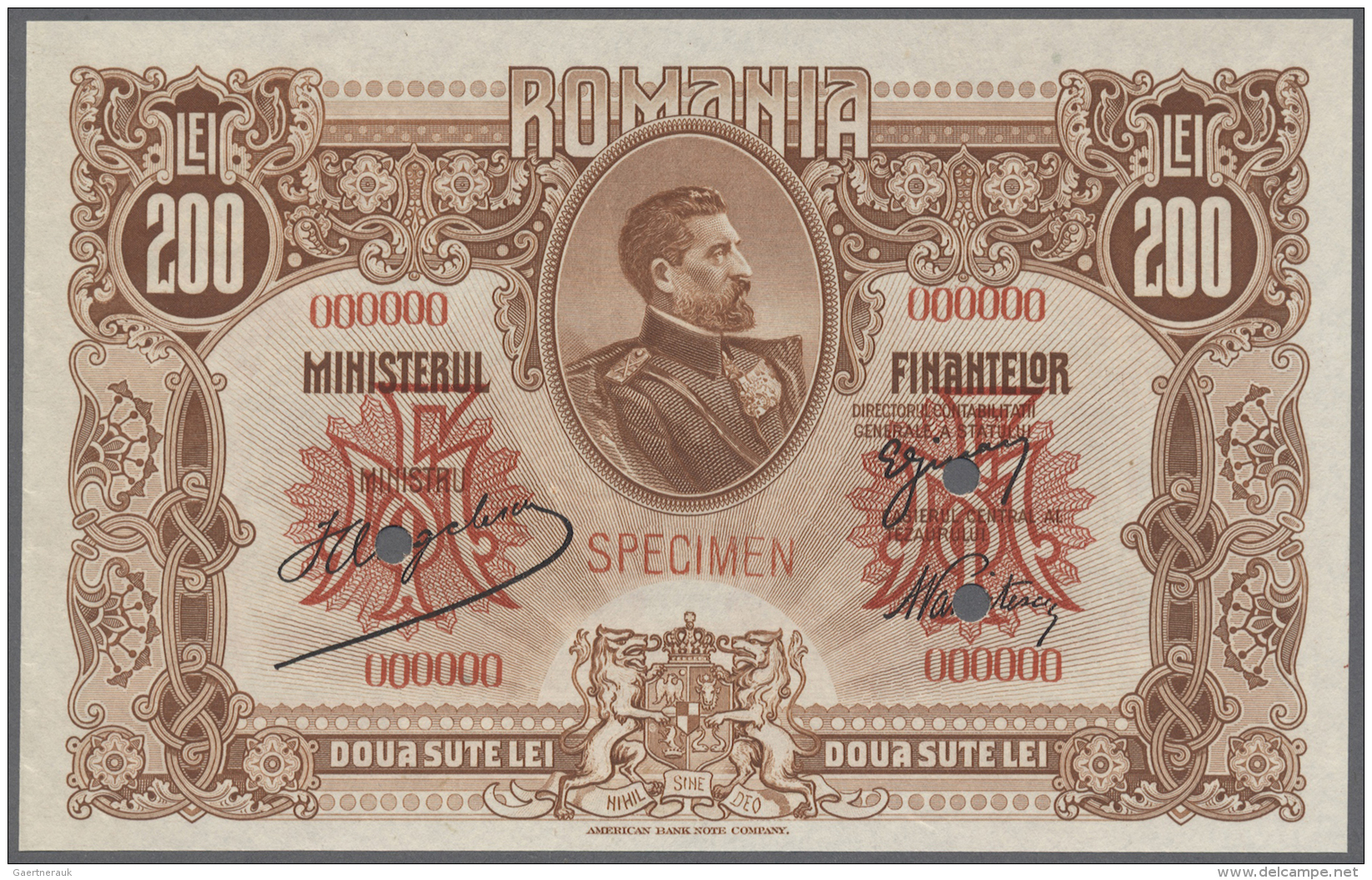 Romania / Rum&auml;nien: 200 Lei ND(1920) Specimen P. 74s, Light Creases At Left Border, Condition: AUNC. - Roumanie