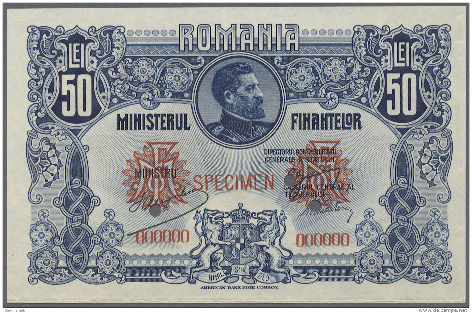 Romania / Rum&auml;nien: 50 Lei ND(1920) Specimen P. 73s, A Fold Directly Along The Lower And Right Border, A Light Crea - Romania