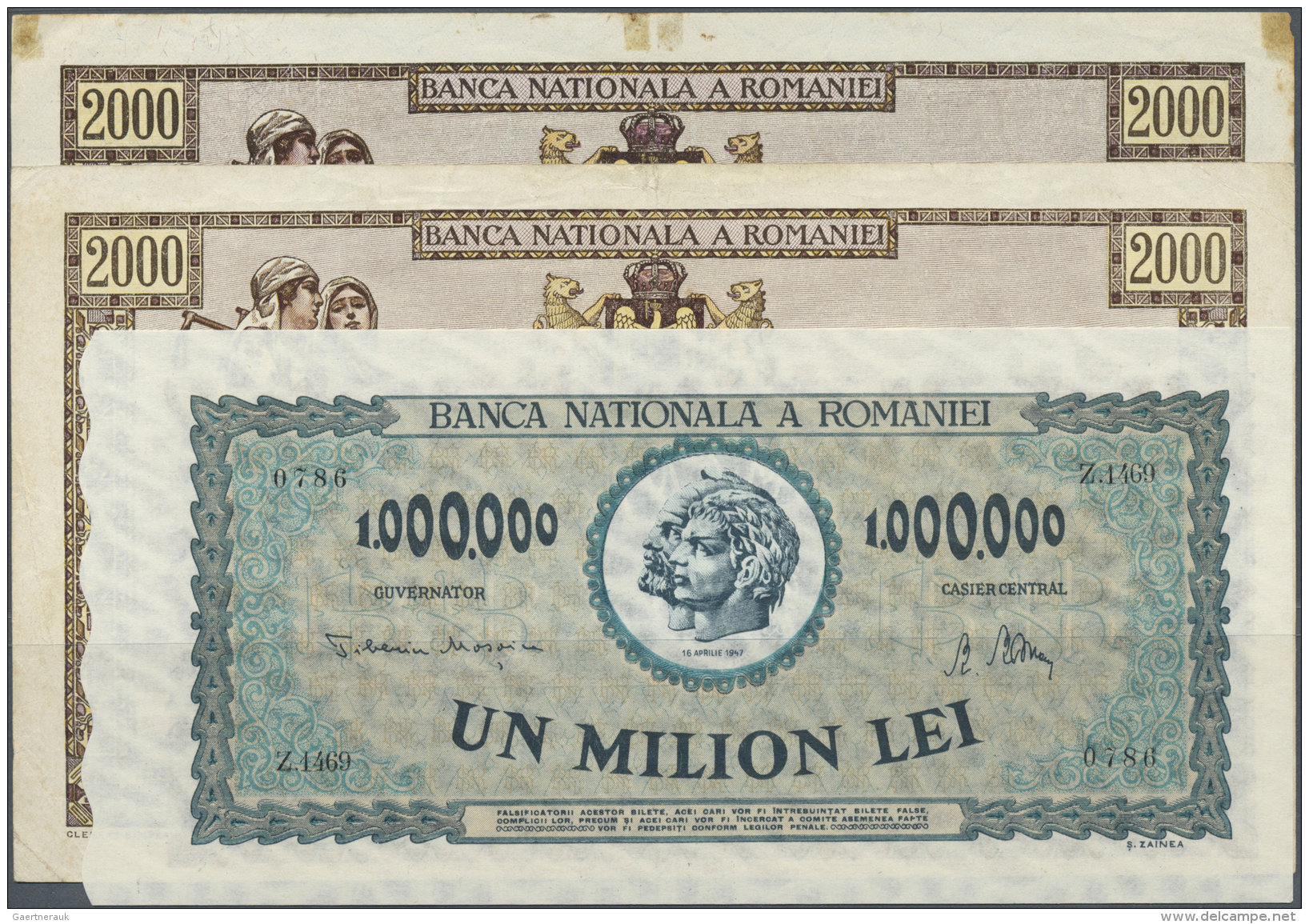 Romania / Rum&auml;nien: Set Of 3 Notes Containing 2000 Lei 1944 P. 53a (F), 2000 Lei 1943 P. 54a (F) And 1.000.000 Lei - Romania