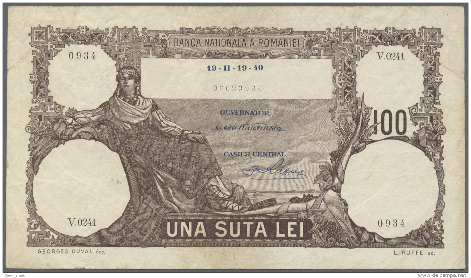 Romania / Rum&auml;nien: 100 Lei 1940 P. 50a, Used With Center Fold And Several Creases In Paper, Light Staining In Pape - Roumanie