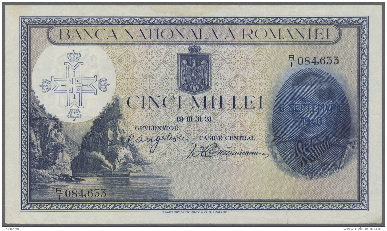 Romania / Rum&auml;nien: 5000 Lei 1940 P. 48b, Vertical And Horizontal Folds, A 1cm Tear Repaired At Lower Border, Light - Romania