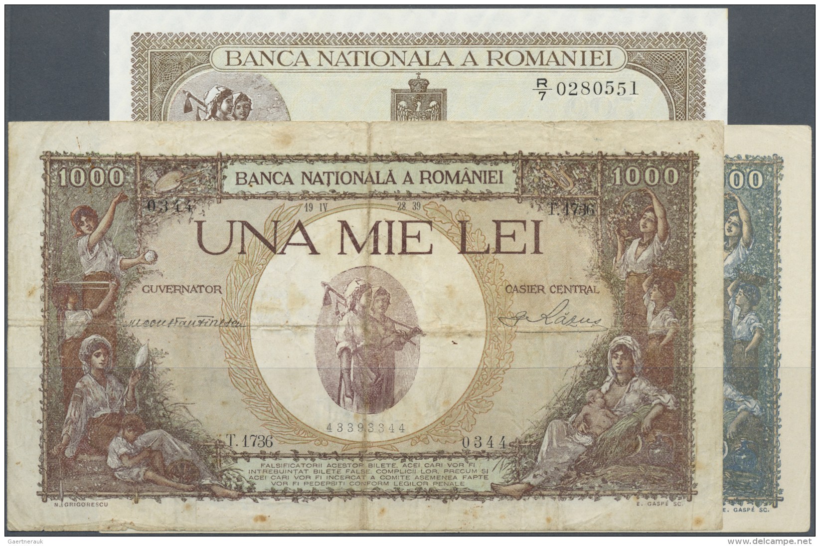 Romania / Rum&auml;nien: Set Of 3 Notes Containing 1000 Lei 1939 P. 47a (F-), 500 Lei 1941 P. 41a (UNC) And 1000 Lei 194 - Roumanie