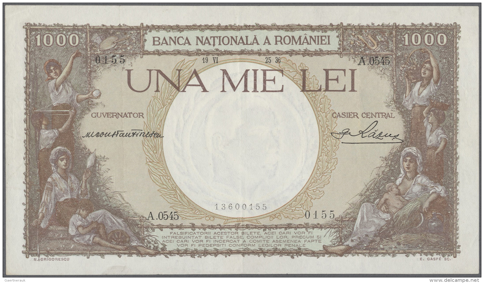 Romania / Rum&auml;nien: 1000 Lei 1936 P. 44a, Several Lighter Vertical Folds, No Holes Or Tears, Still Crispness And Or - Roumanie