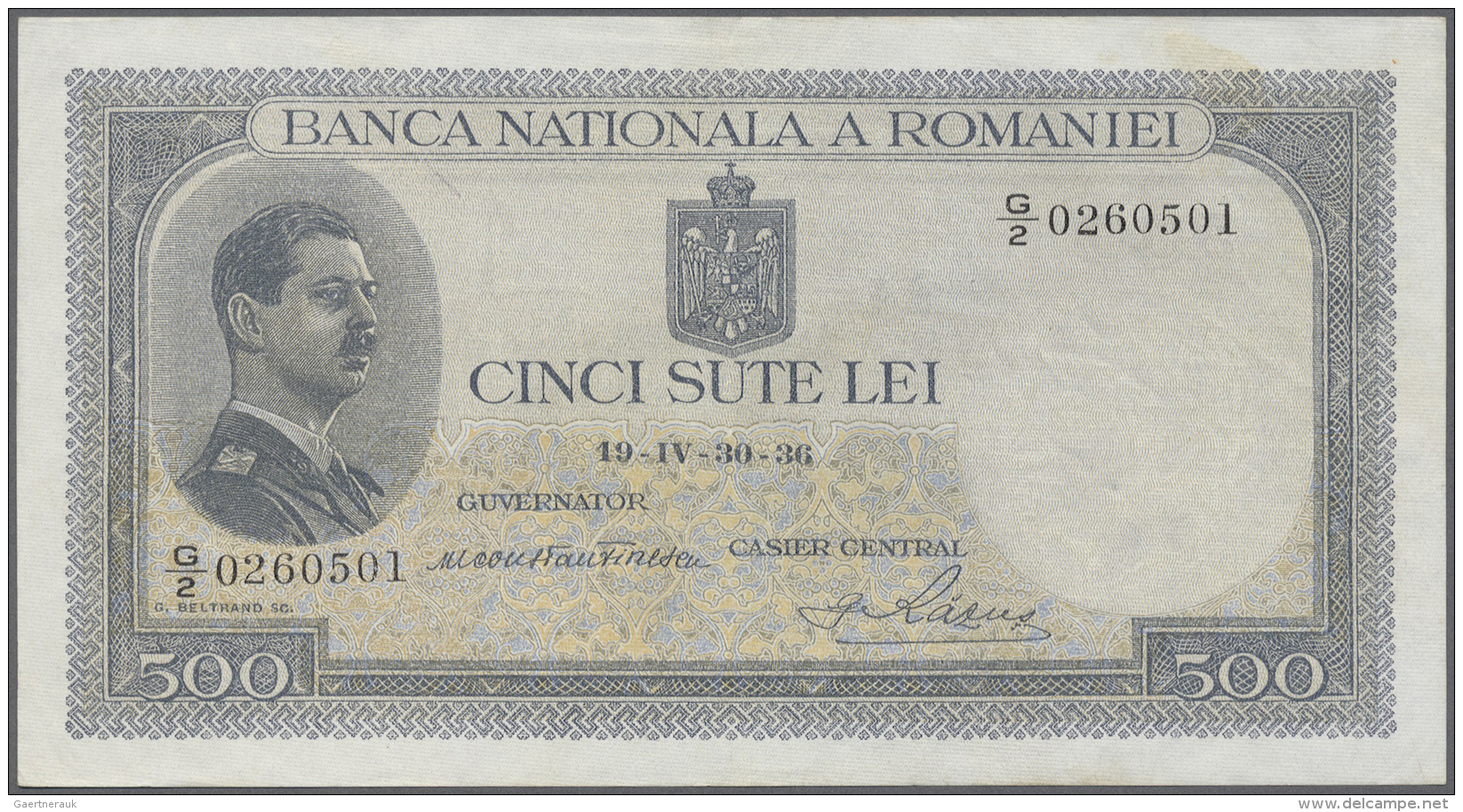 Romania / Rum&auml;nien: 500 Lei 1936 P. 42a, Light Center Fold And Handling In Paper, A Light Stain Trace At Upper Righ - Roumanie