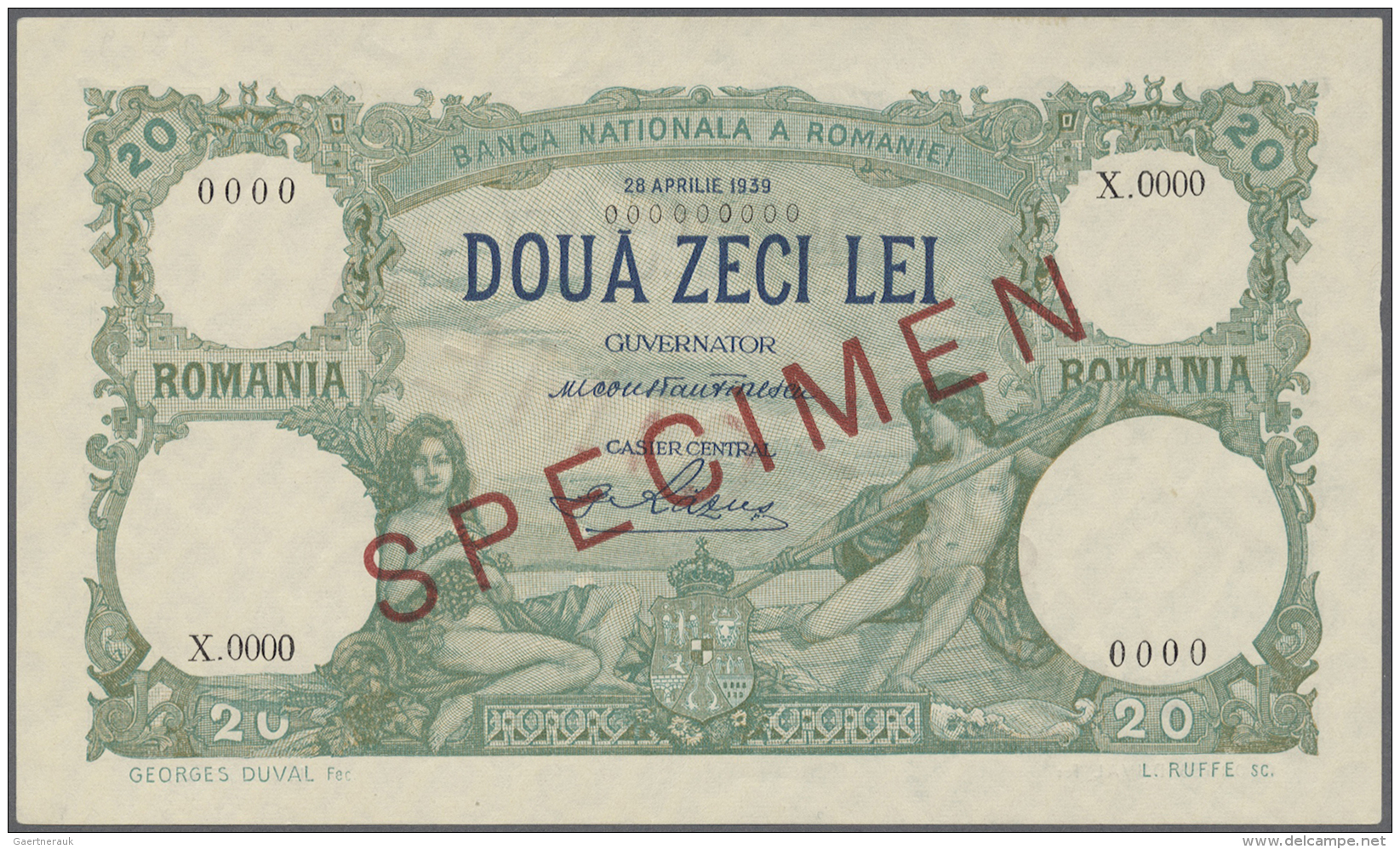 Romania / Rum&auml;nien: 20 Lei 1939 Specimen P. 41, Rare Note With Zero Serial Numbers, Red Specimen Overprint, Very Li - Romania