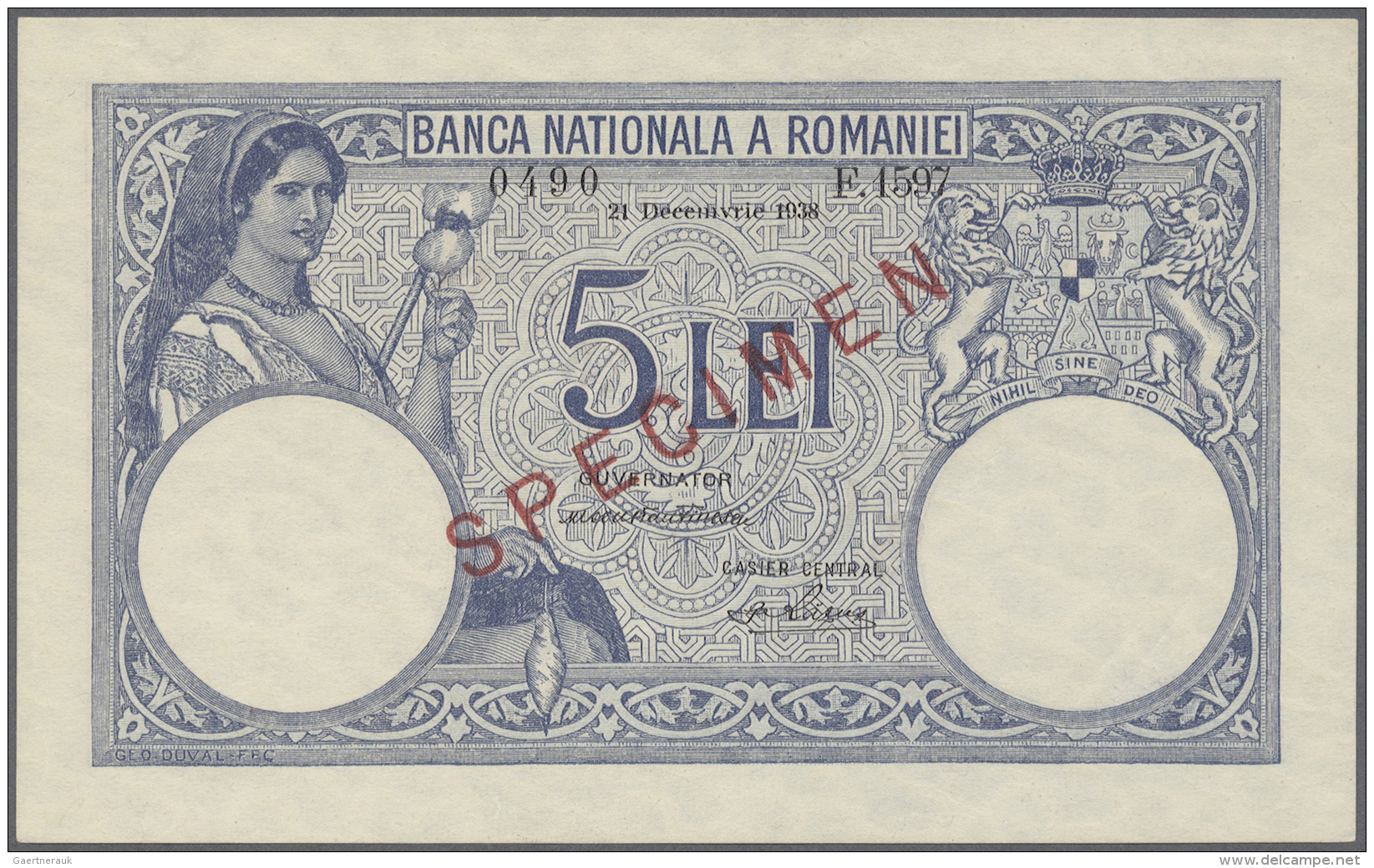 Romania / Rum&auml;nien: 5 Lei 1938 Specimen P. 40s, Rare Note, With Regular Serial Number And Specimen Overprint, A Lig - Romania