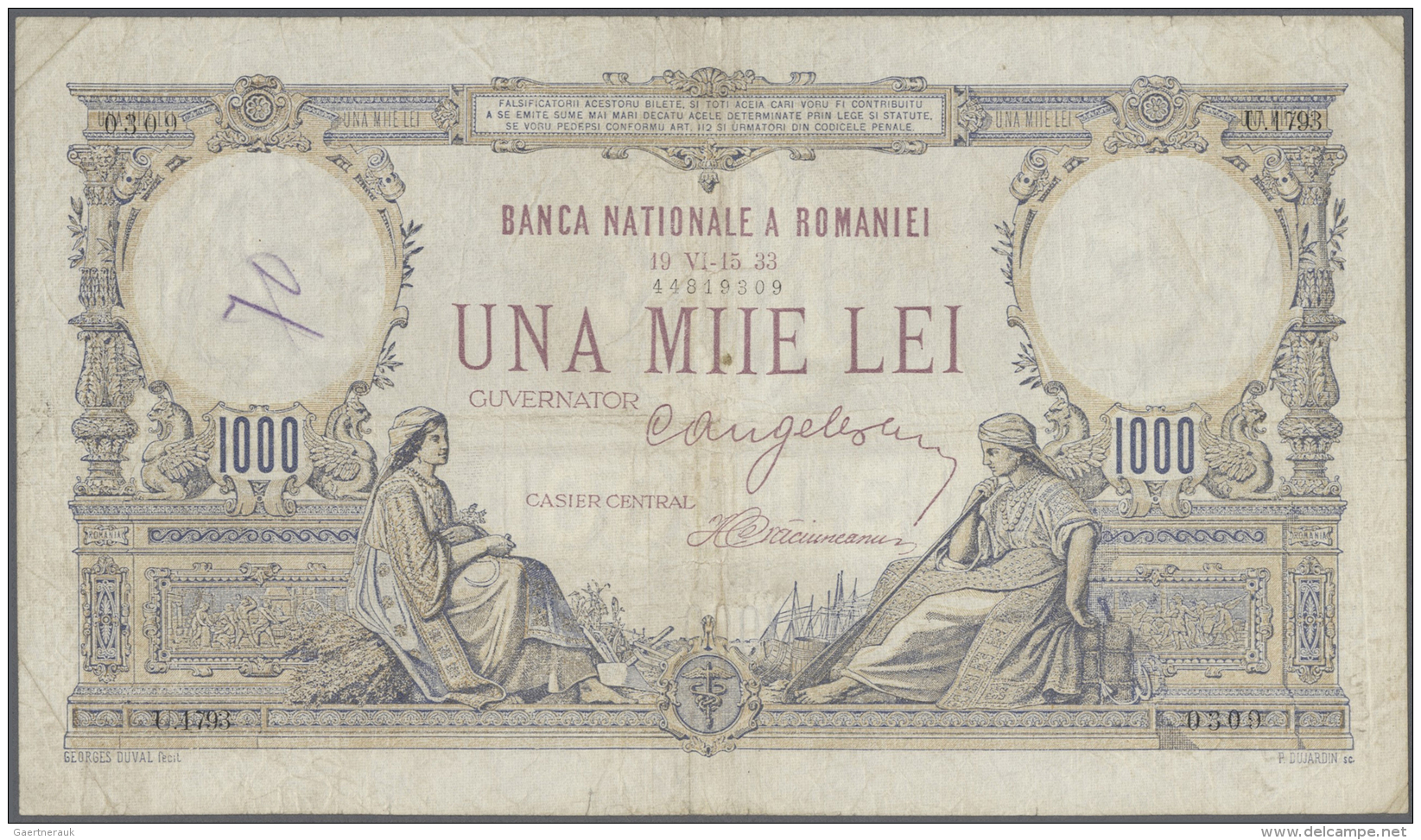Romania / Rum&auml;nien: 1000 Lei 1933 P. 34a, Stronger Center Fold, Corner Folding, Creases And Staining In Paper, A Sm - Roumanie