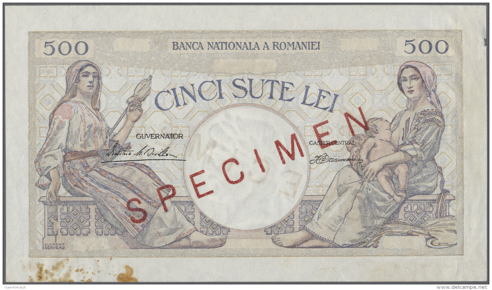 Romania / Rum&auml;nien: 500 Lei ND(1925-38) Specimen P. 32s, Zero Serial Numbers, Red Specimen Overprints On Both Sides - Romania
