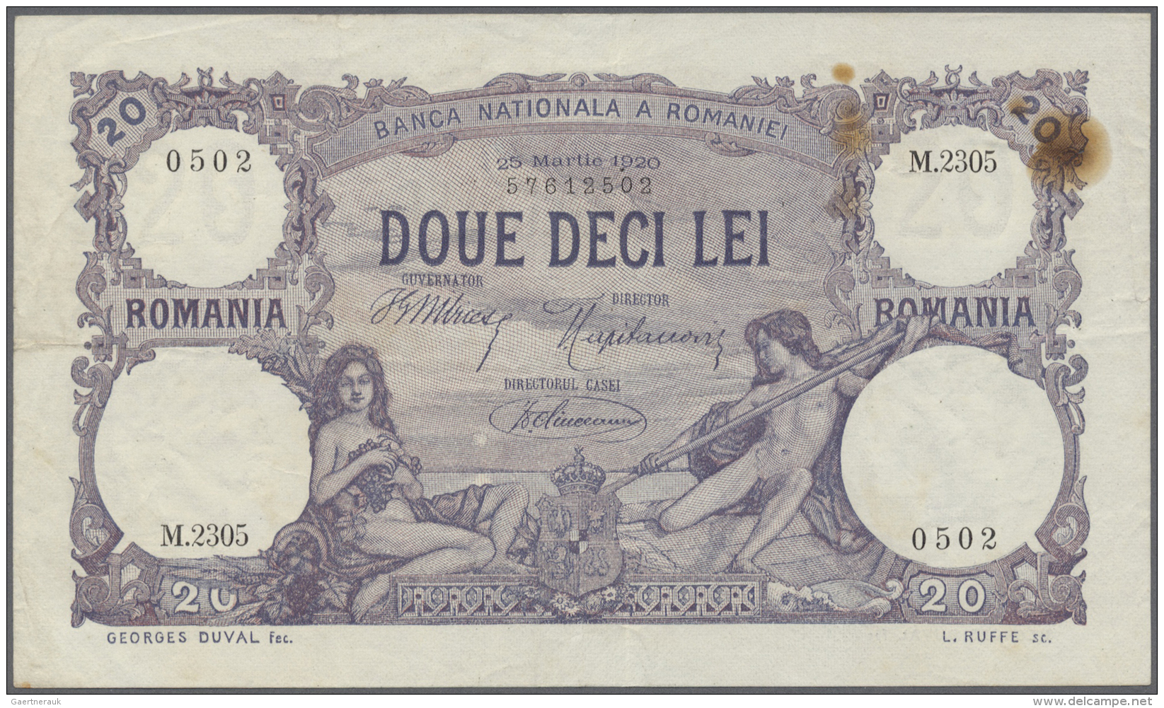 Romania / Rum&auml;nien: 20 Lei 1920 P. 20e, Vertical And Horizontal Folds, Creases, No Tears, One Hole At Upper Right, - Roumanie