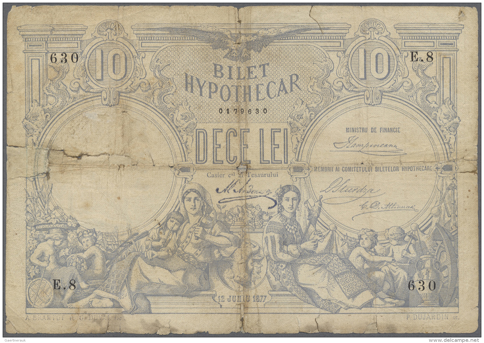 Romania / Rum&auml;nien: 10 Lei 1877 P. 2a, Very Strong Used Note With Strong Vertical And Horizontal Fold, Staining In - Roumanie