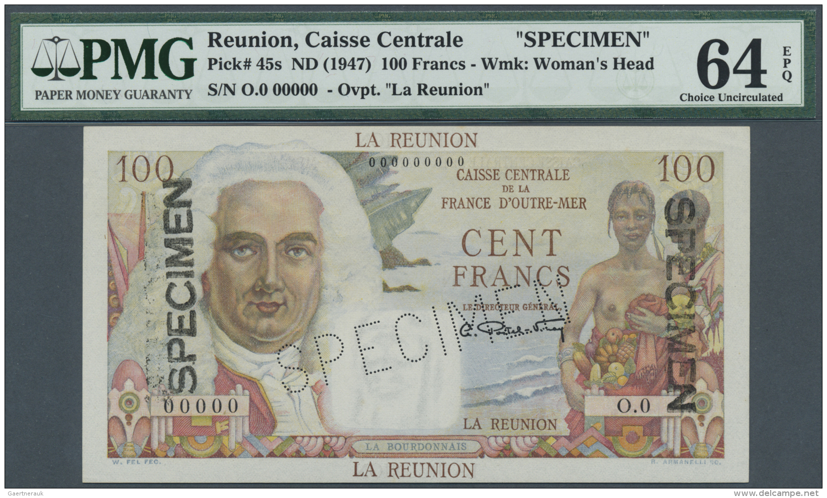 R&eacute;union:  Caisse Centrale De La France D'Outre-Mer 100 Francs ND(1947) SPECIMEN, P.45s, Serial Number 00000, Two - Riunione