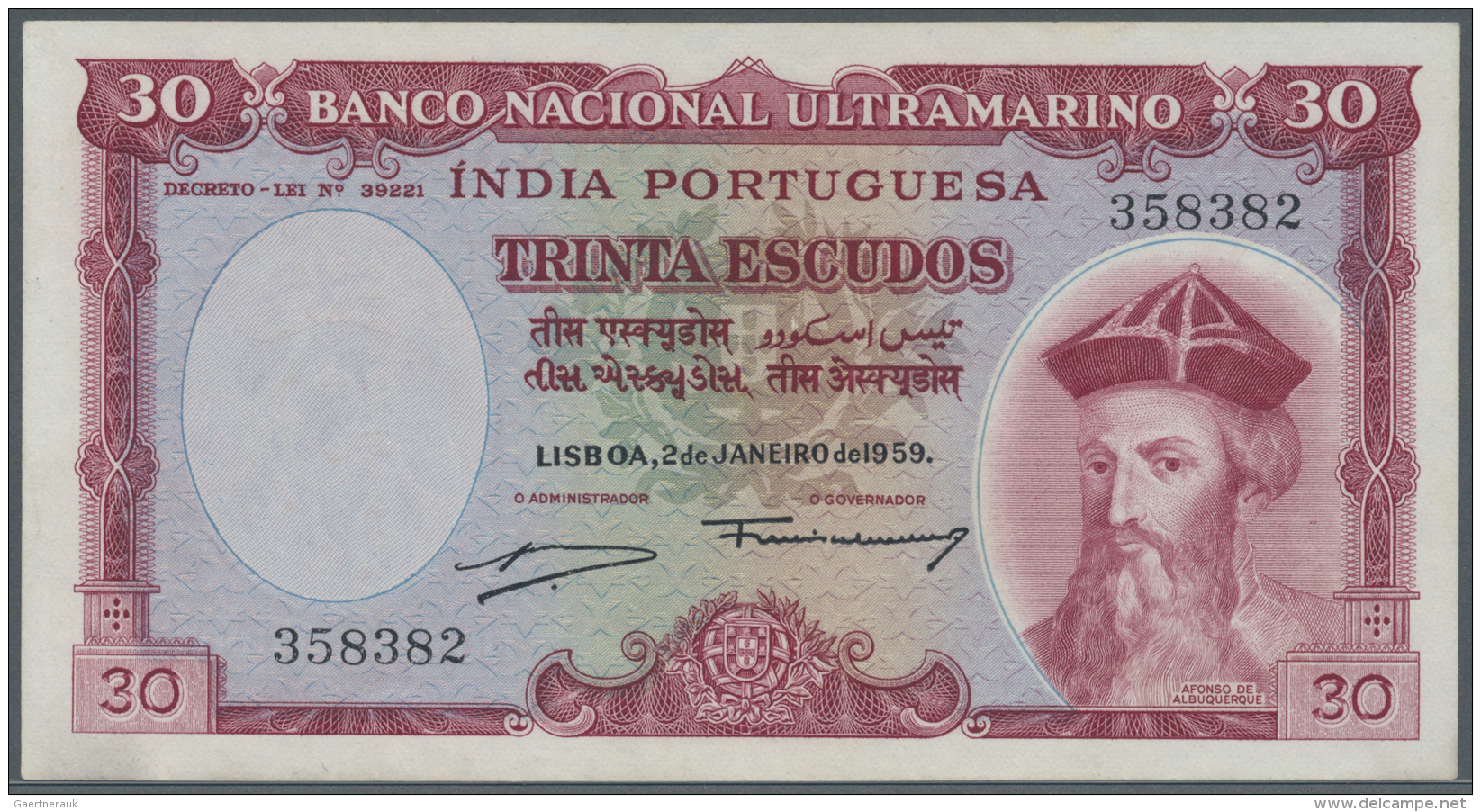 Portuguese India / Portugiesisch Indien: 30 Escudos 1959, P.41 With A Few Tiny Spots At Lower Left And Upper Margin, Con - India