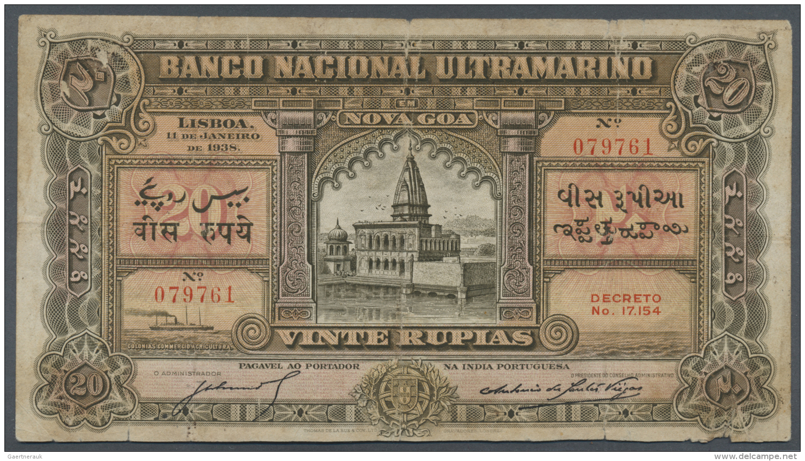 Portuguese India / Portugiesisch Indien: 20 Rupees 1938 P. 33, Seldom Seen Higher Denomination As Issued Banknote, Used - India