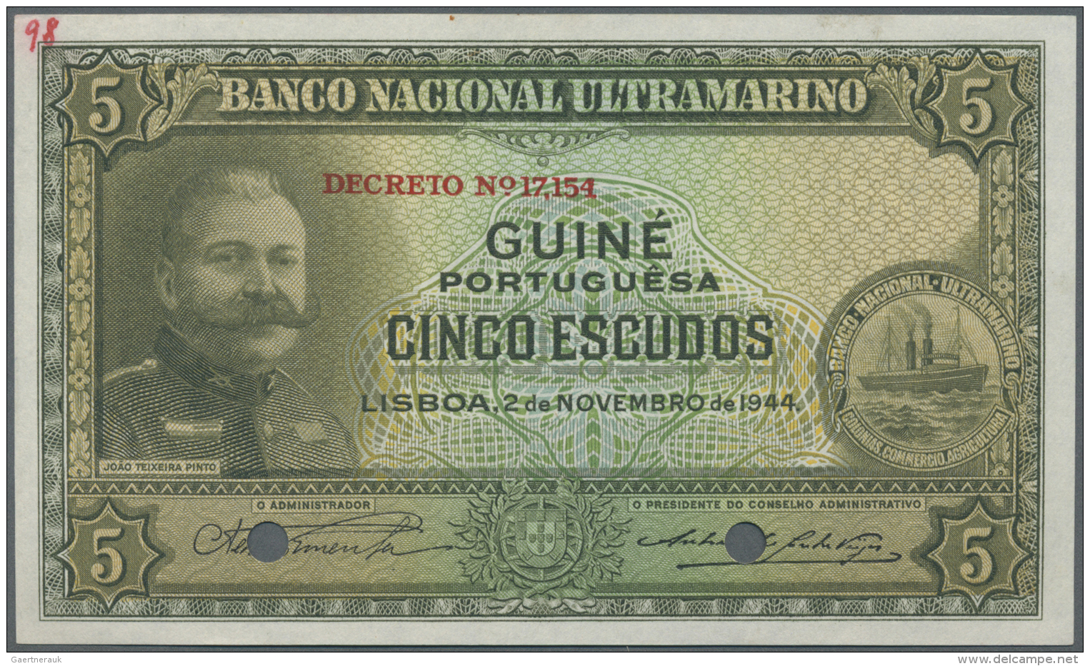 Portuguese Guinea  / Portugiesisch Guinea: 5 Escudos 1944 Specimen P. 25s, 2 Cancellation Holes, No Serial Numbers, Hand - Guinea