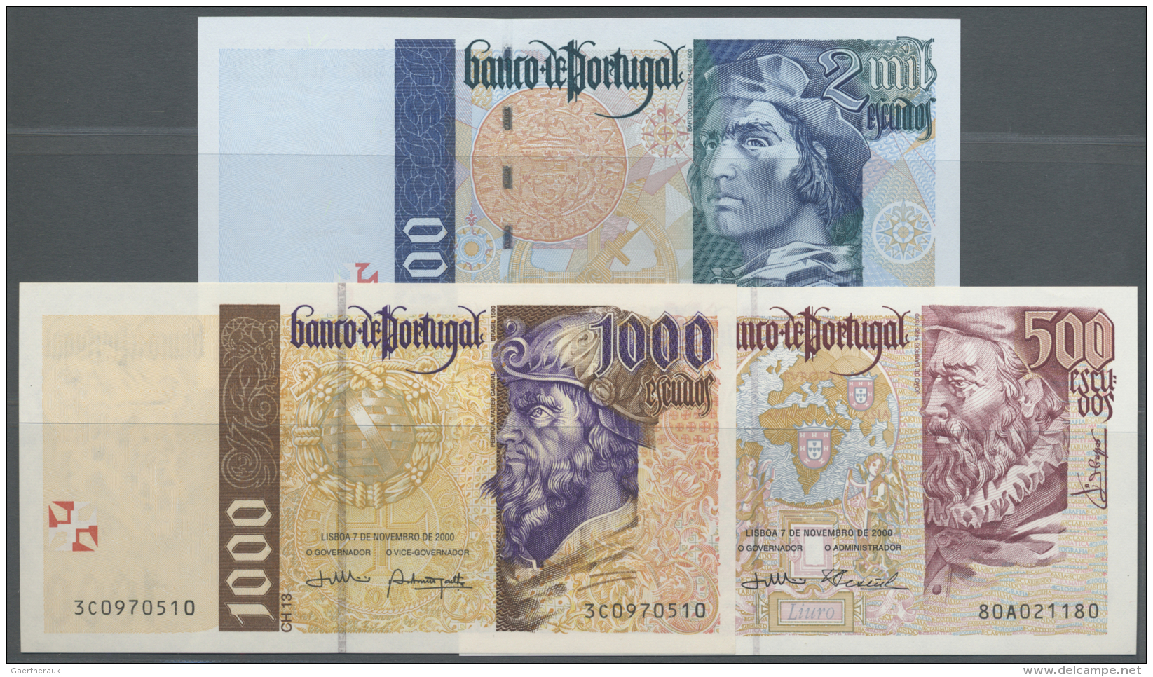 Portugal: Set Of 3 Notes Containing 500, 1000 And 2000 Escudos P. 187c, 188d, 189c, All In Condition: UNC. (3 Pcs) - Portugal