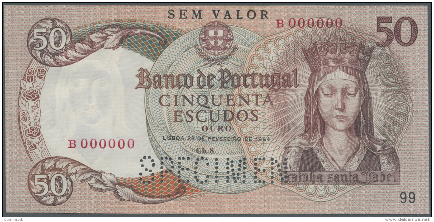 Portugal: 50 Escudos 1964 Specimen P. 168s, Specimen Perforation, Zero Serial Numbers, Light Handling In Paper, Conditio - Portugal