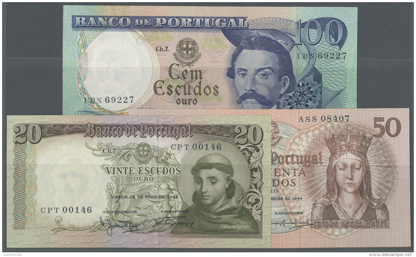 Portugal: Set Of 3 Notes Containing 20 Escudos 1964 P. 167a (UNC), 50 Escudos 1964 P. 168 (UNC) And 100 Escudos 1978 P. - Portugal
