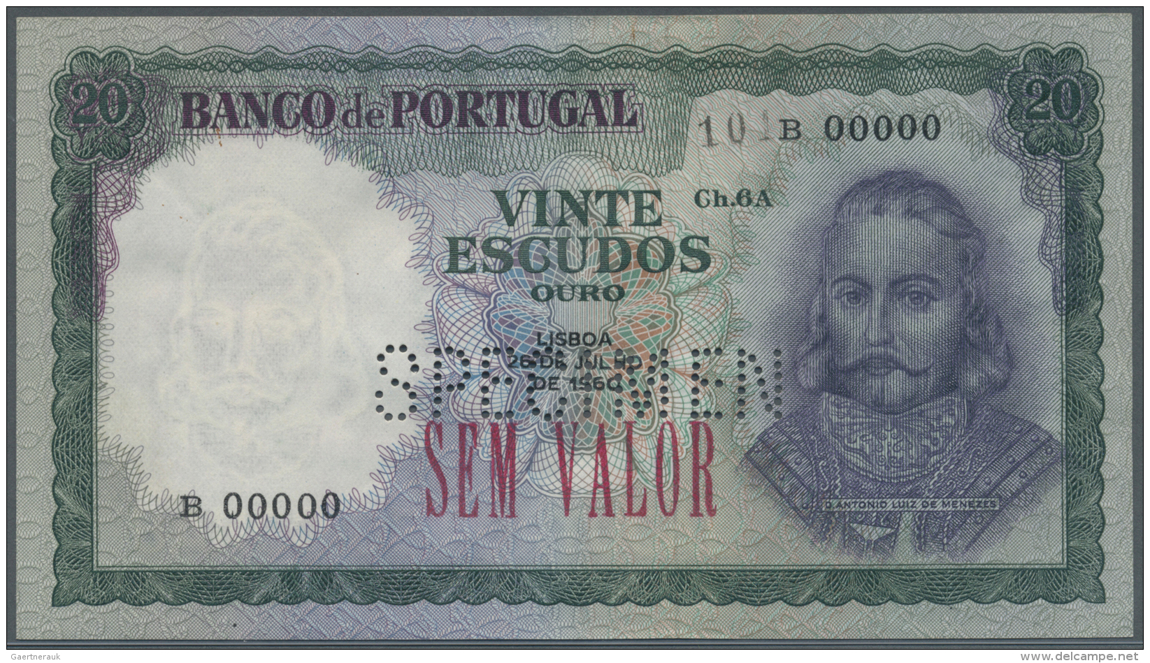 Portugal: 20 Escuods 1960 Specimen P. 163s, Specimen Perforation, Red "sem Valor" Overprint, Zero Serial Numbers, Light - Portugal