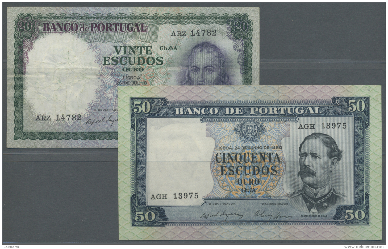 Portugal: Set 2 Notes Containing 20 Escudos 1960 P. 163a (F-) And 50 Escudos 1960 P. 164 (aUNC), Nice Set. (2 Pcs) - Portugal