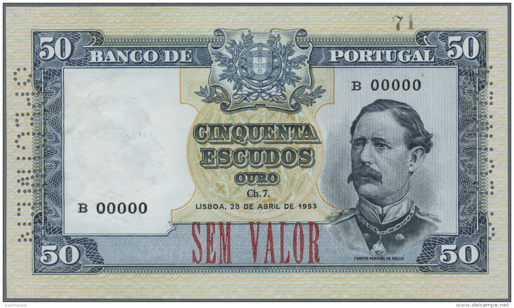 Portugal: 50 Escudos 1953 SPECIMEN, P.160s, Excellent Condition With A Few Minor Creases In The Paper, Tiny Spots And 2 - Portugal