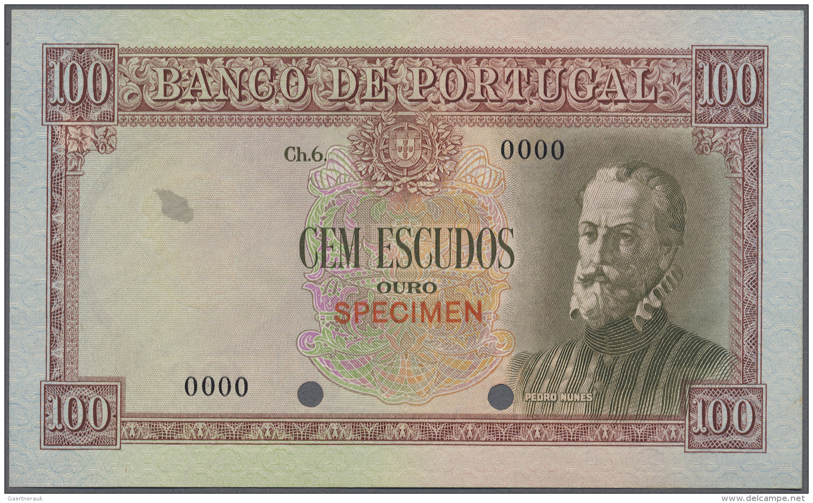 Portugal: 100 Escudos ND(1957) Color Trial P. 159ct, 2 Cancellation Holes, Specimen Overprint, Some Undefined Paper Resi - Portugal