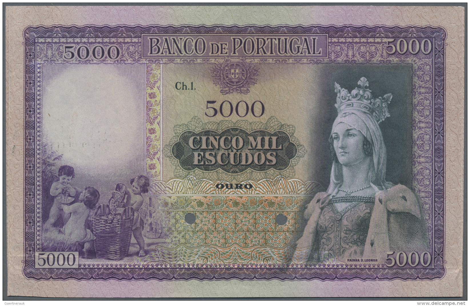 Portugal: 5000 Escudos ND(1942) Proof P. 157(p), A Large Size And Very Beautiful Banknotes, Higly Rare On The Market, 2 - Portogallo