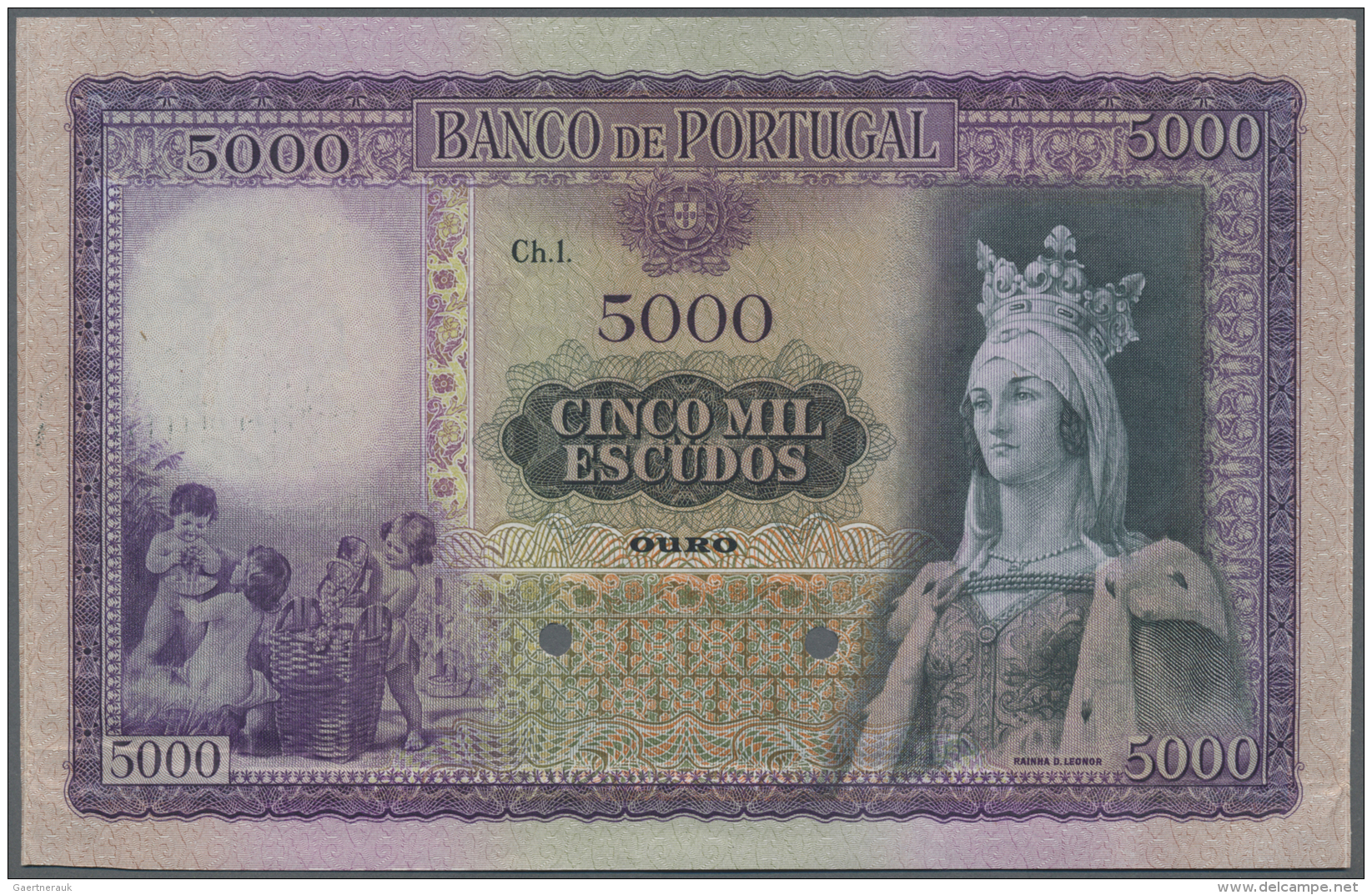 Portugal: 5000 Escudos ND(1942) Proof P. 157(p), A Large Size And Very Beautiful Banknotes, Higly Rare On The Market, 2 - Portugal