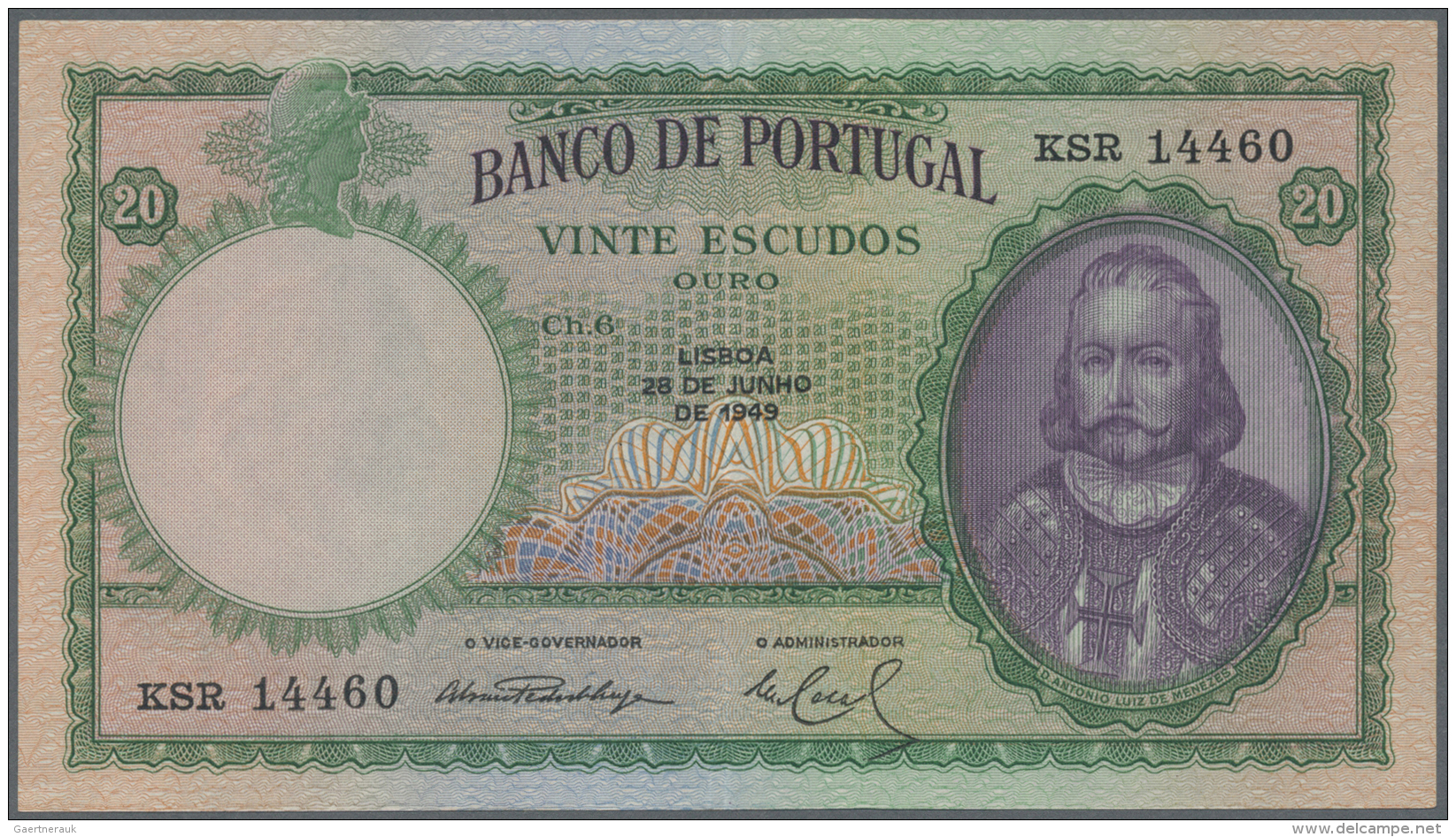 Portugal: 20 Escudos 1949 P. 153a, Only A Center Fold, No Holes Or Tears, Crisp Original Paper And Bright Colors, Condit - Portogallo