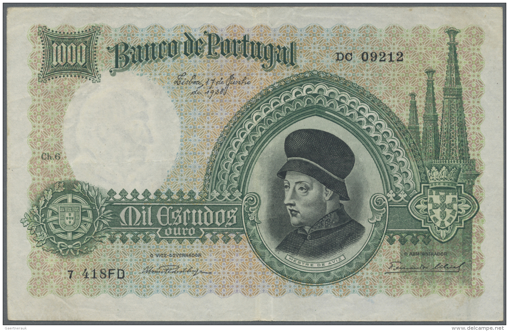 Portugal: 1000 Escudos 1938 P. 152, Center Fold And Horizontal Fold, Light Creasing At Upper Border But No Holes Or Tear - Portogallo