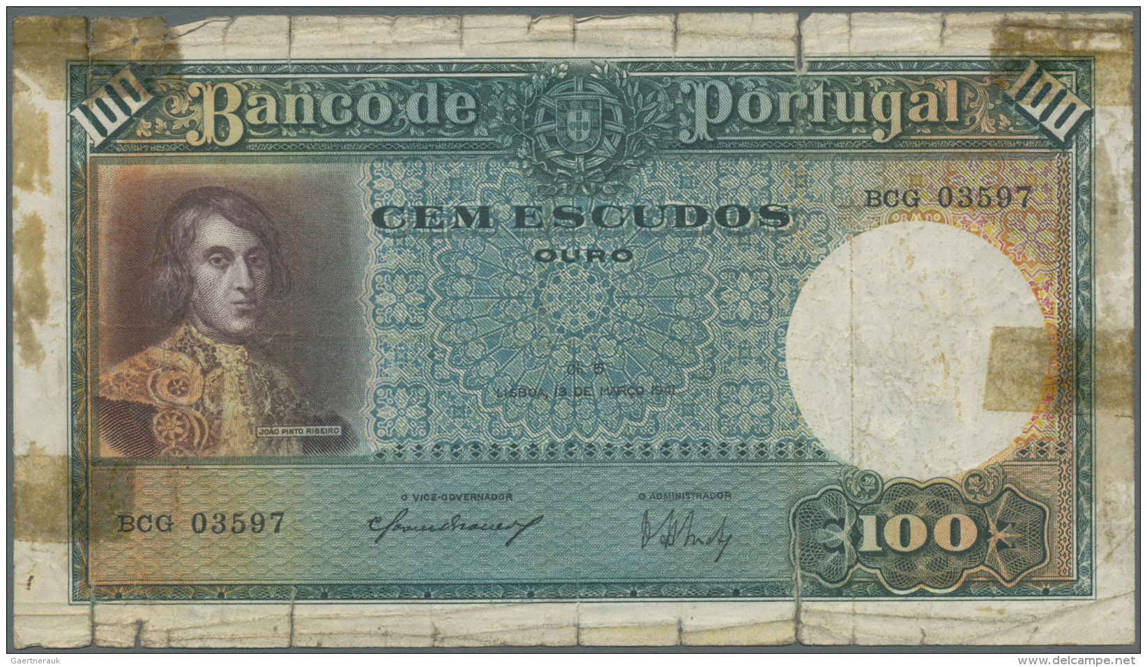 Portugal: 100 Escudos 1941 P. 150, Well Used Note With Many Border Tears And Tapes At Borders, Colors Still Nice, Condit - Portogallo