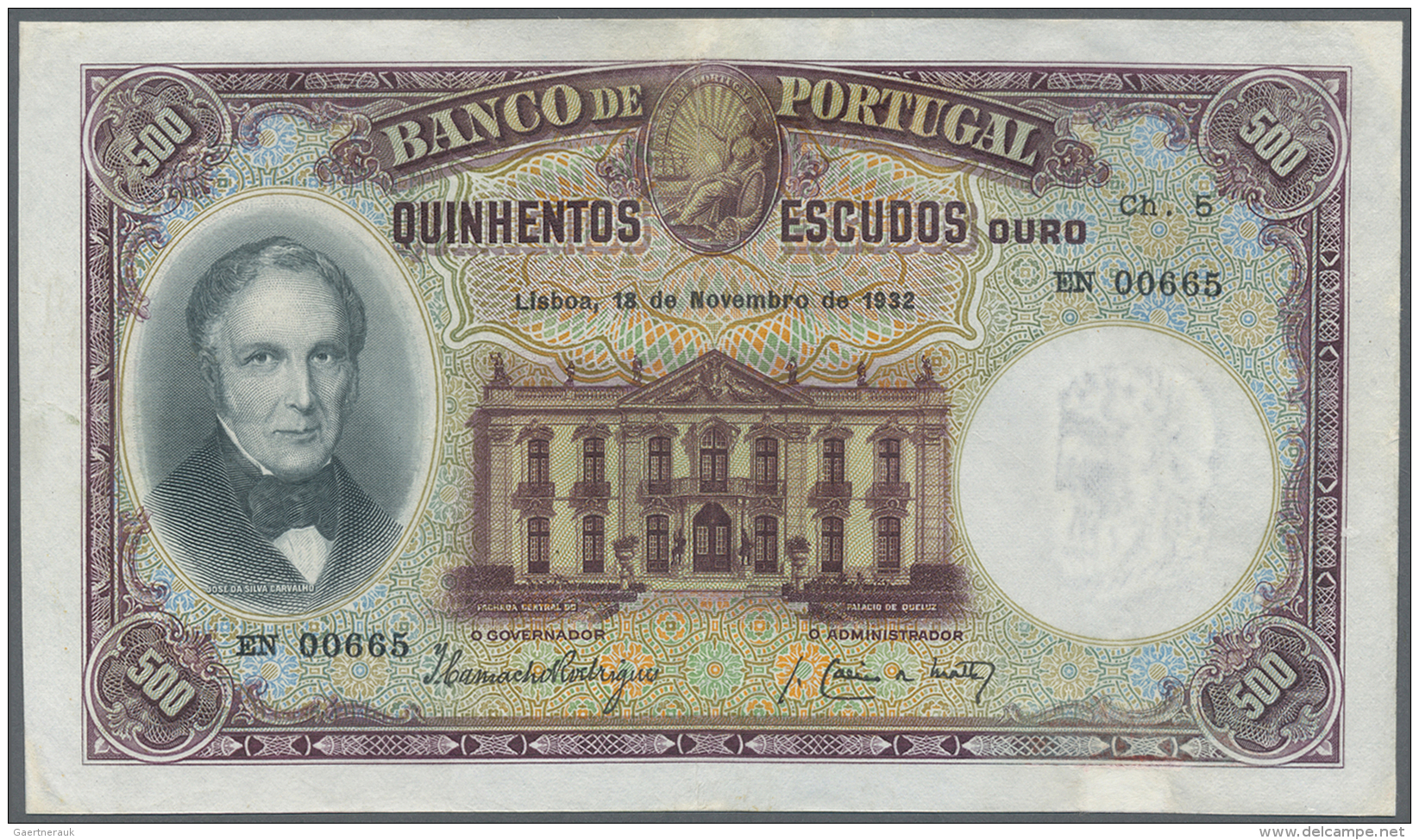 Portugal: 500 Escudos 1932 P. 147, A Real Beauty, Rare As Issued Note, Professionally Repaired At Upper Border Center, U - Portugal