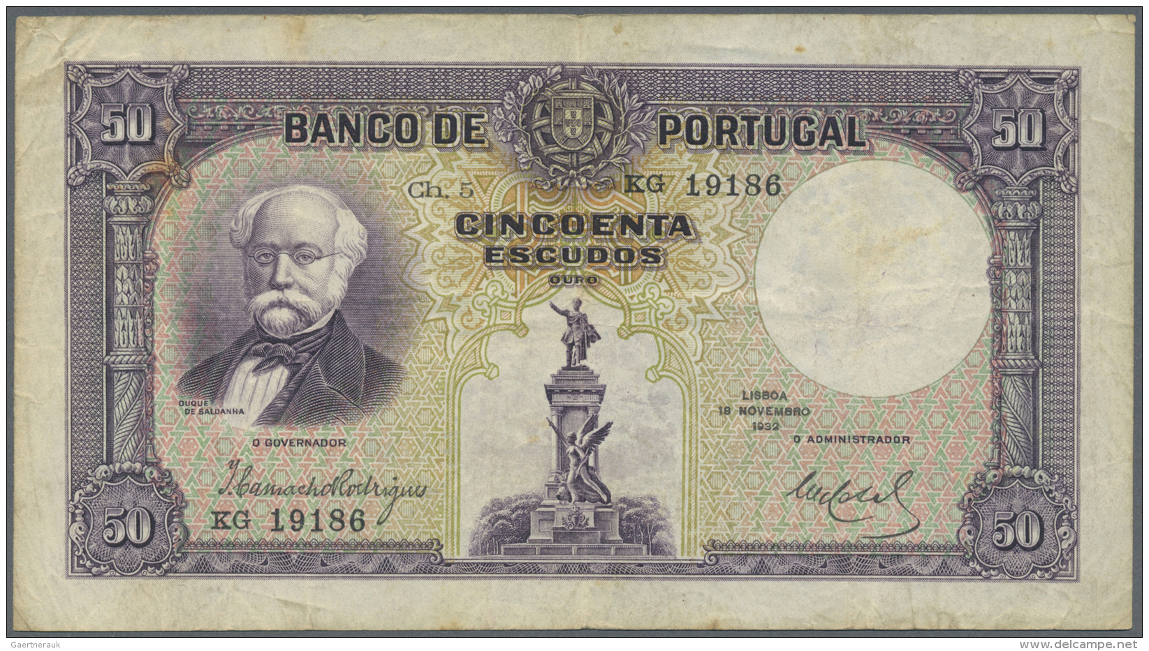 Portugal: 50 Escudos 1932 P. 146, Center Fold And Several Smaller Folds, Light Staining At Upper Left Corner And On Back - Portogallo