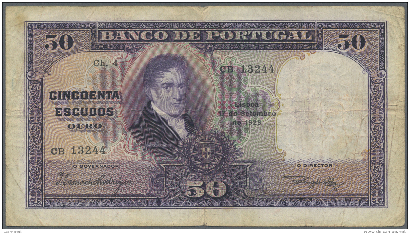 Portugal: 50 Escudos 1929 P. 144, Center Fold And Handling In Paper, Normal Traces Of Use, Light Staining Due To Use, No - Portugal