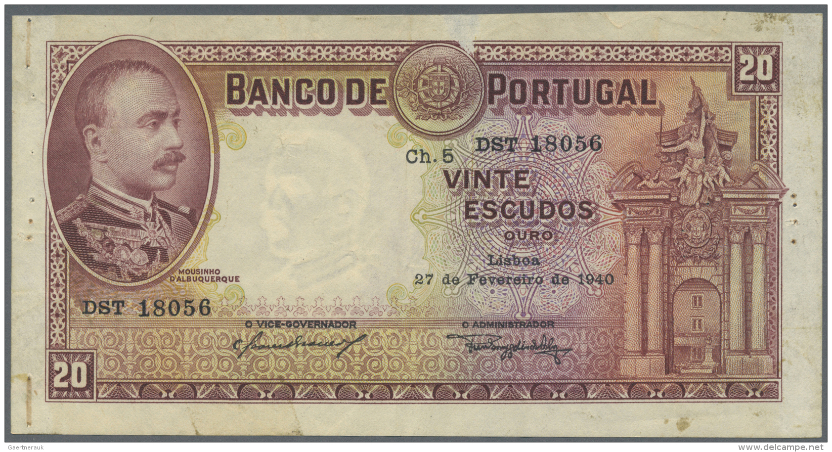 Portugal: 20 Escudos 1940 P. 143, Pinholes At Left Border, Staining At Left Side On Back, Paper Thinning At Upper Border - Portugal