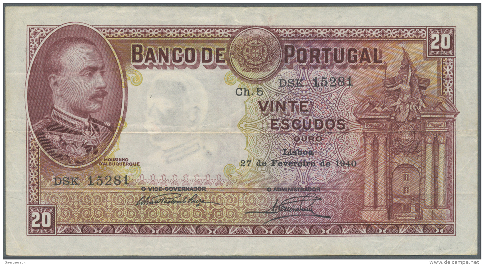 Portugal: 20 Escudos 1940 P. 143, Used With Folds In Paper But No Holes Or Tears, Paper Very Crisp And Colors Original, - Portugal
