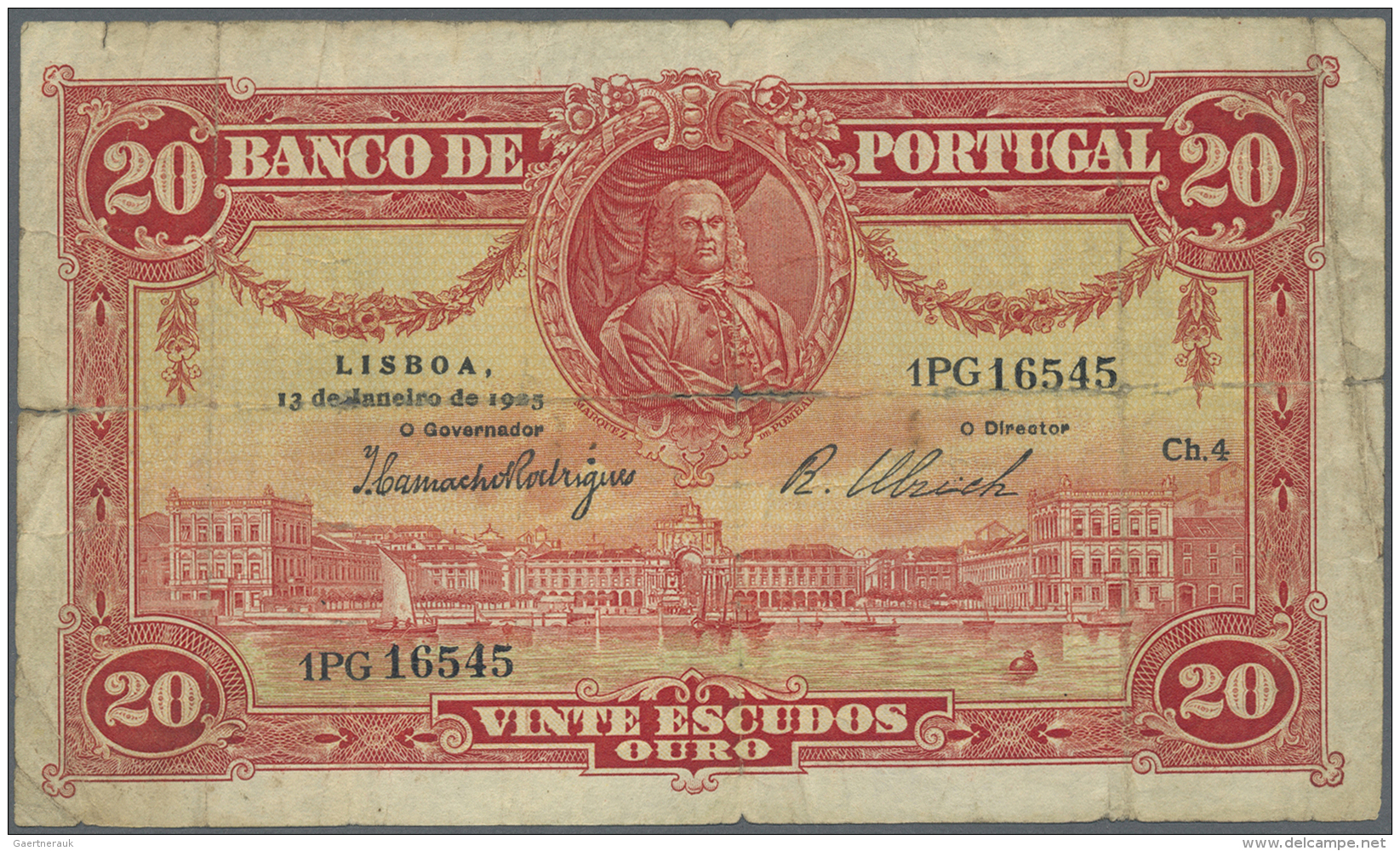 Portugal: 20 Escudos 1925 P. 135, Strong Horizontal Fold, Center Hole, Strong Vertical Fold, Not Repaired, Still Nice Co - Portugal