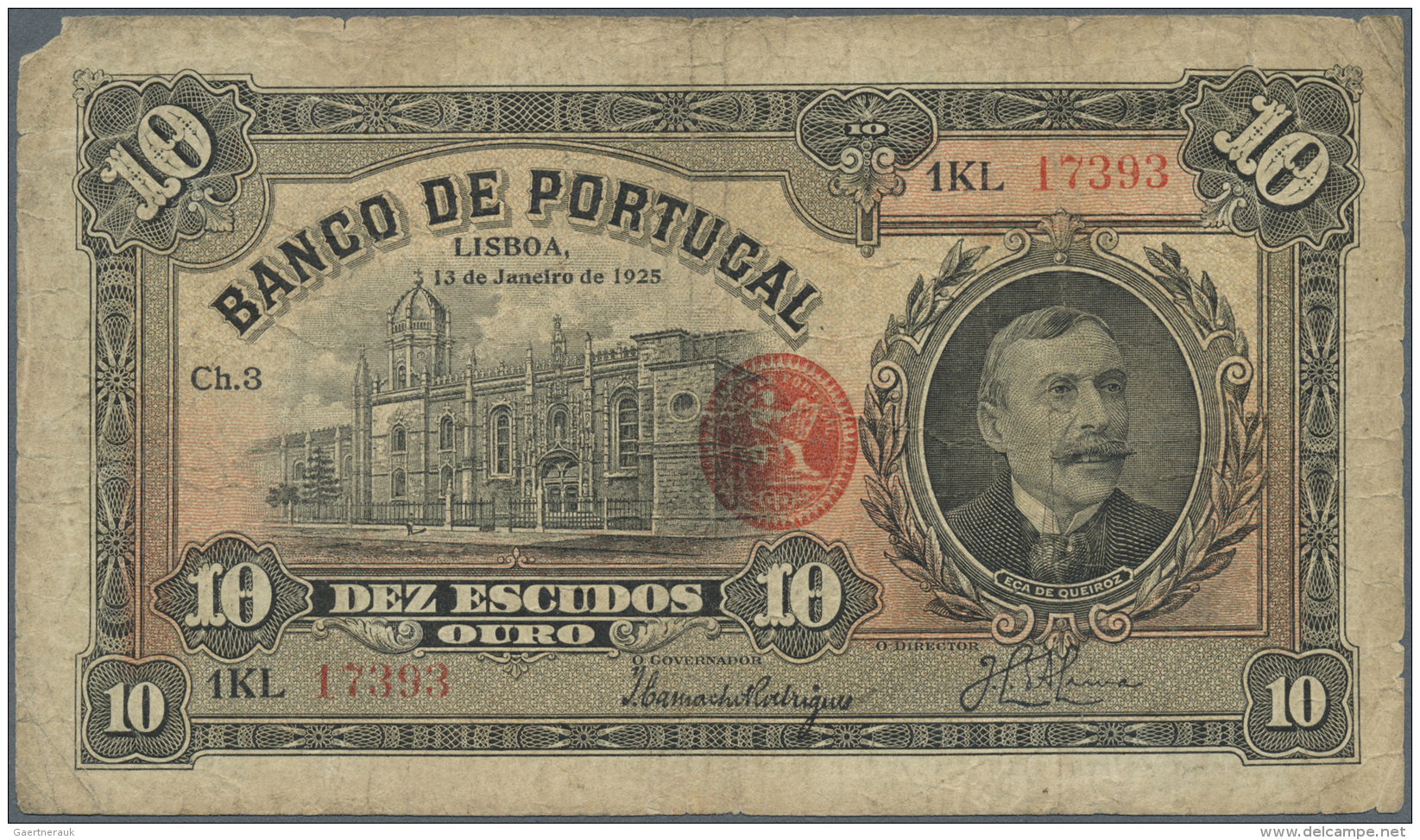 Portugal: 10 Escudos 1925 P. 134 In Stronger Used Condition With Stonger Folds, Stained Paper And A Small Missing Part A - Portugal