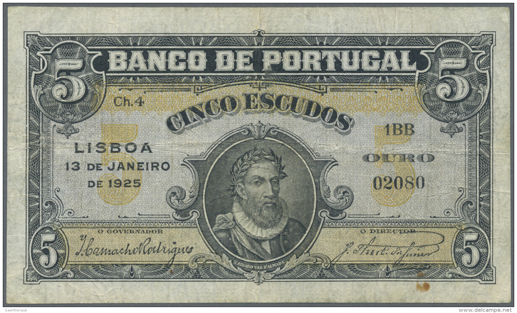 Portugal: 5 Escudos 1925 P. 133, Folds, Stain Dot At Lower Right, No Holes Or Tears, Condition: F. - Portugal