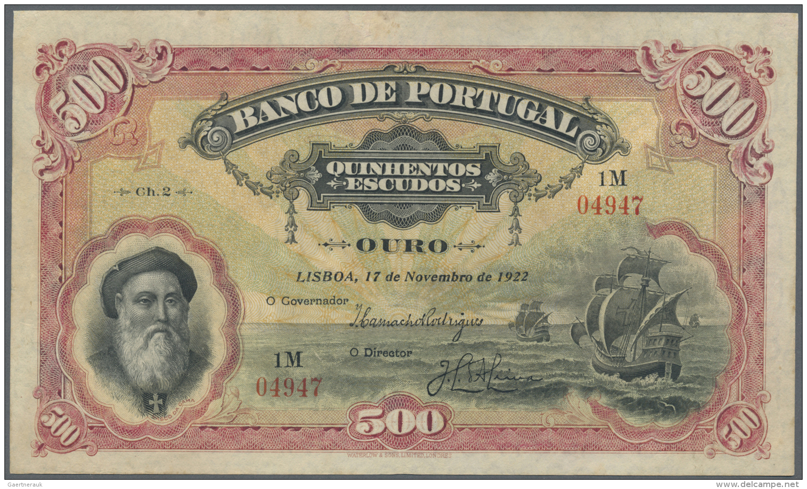 Portugal: 500 Escudos 1922 P. 130, Very Rare And Searched Note, Small Repair At Upper Border Center And Upper Left Corne - Portugal