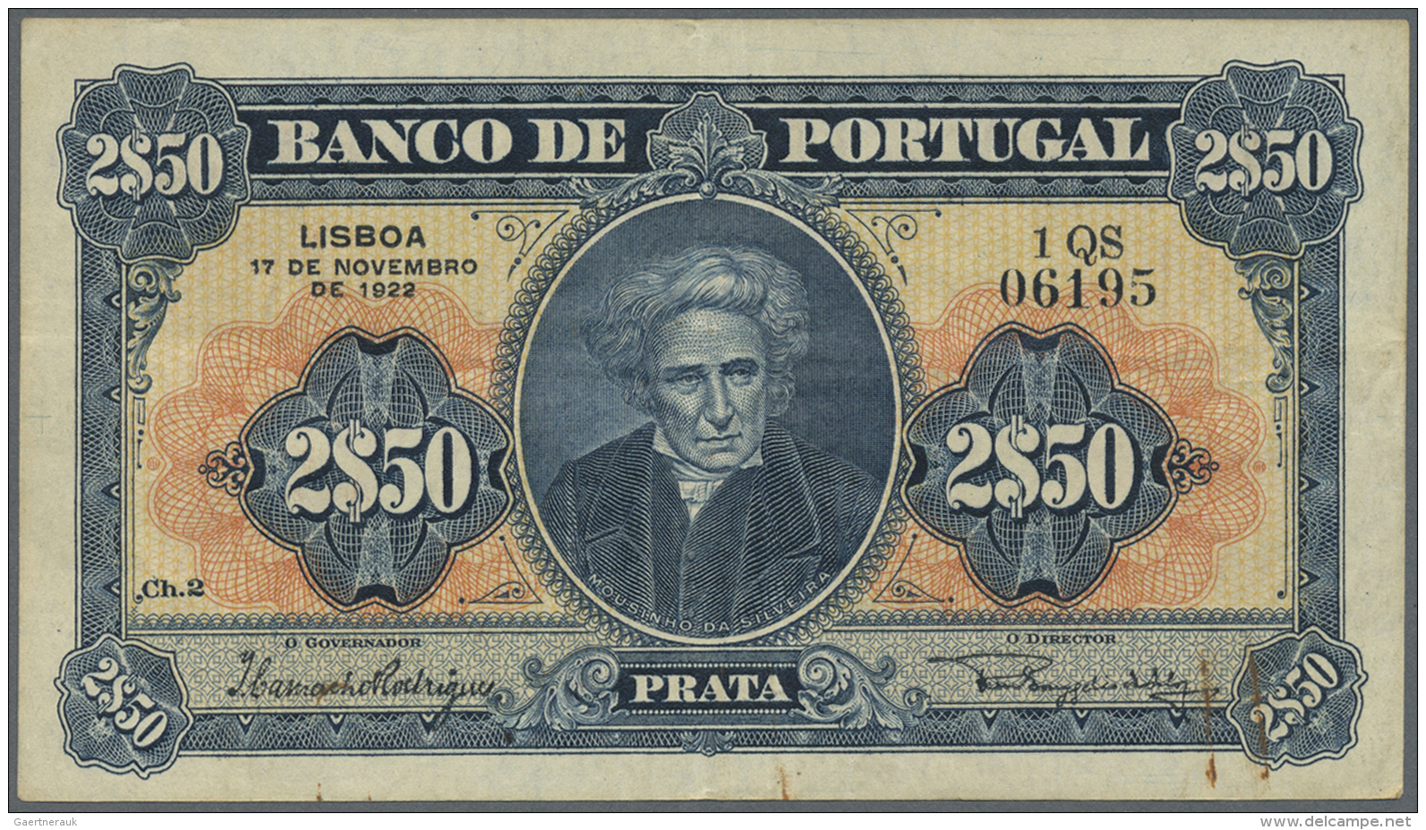 Portugal: 2,5 Escudos 1922 P. 127, Light Center And Horizontal Fold, Rusty Paper Clip Trace At Lower Right, No Holes, No - Portogallo